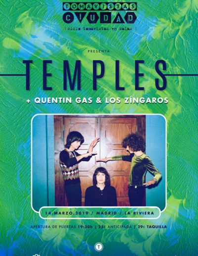 Cartel concierto Temples y Quentin Gas & Los Zíngaros en La Riviera Tomavistas Ciudad